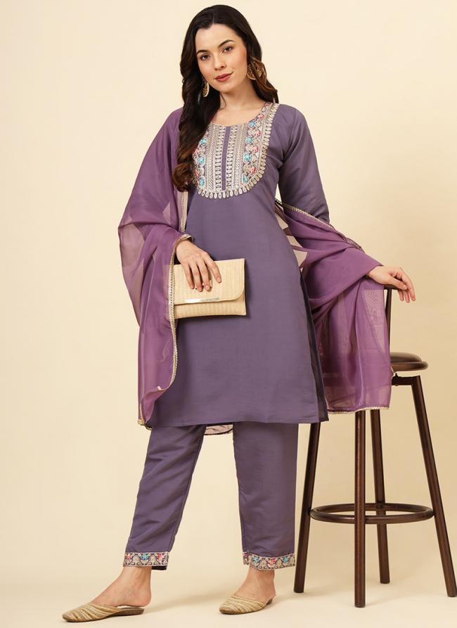 Silk Purple Festival Wear Embroidery Work Readymade Kurti Set